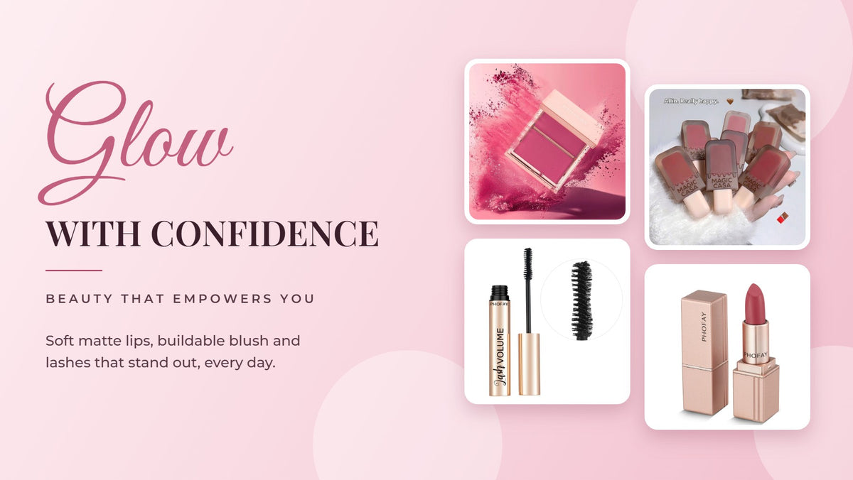 Blush duo, lip lacquer, mascara and matte lipstick