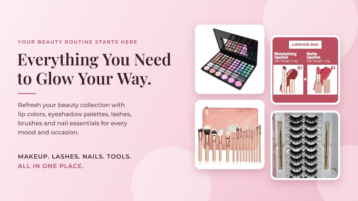 PureGlow Studio eyeshadow palette, lipstick duo, brush set and lashes