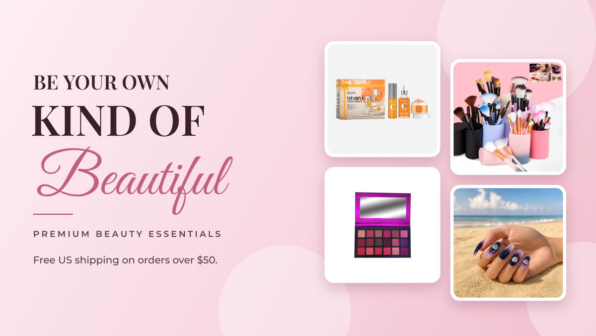Vitamin C set, brush set, eyeshadow palette and press-on nails